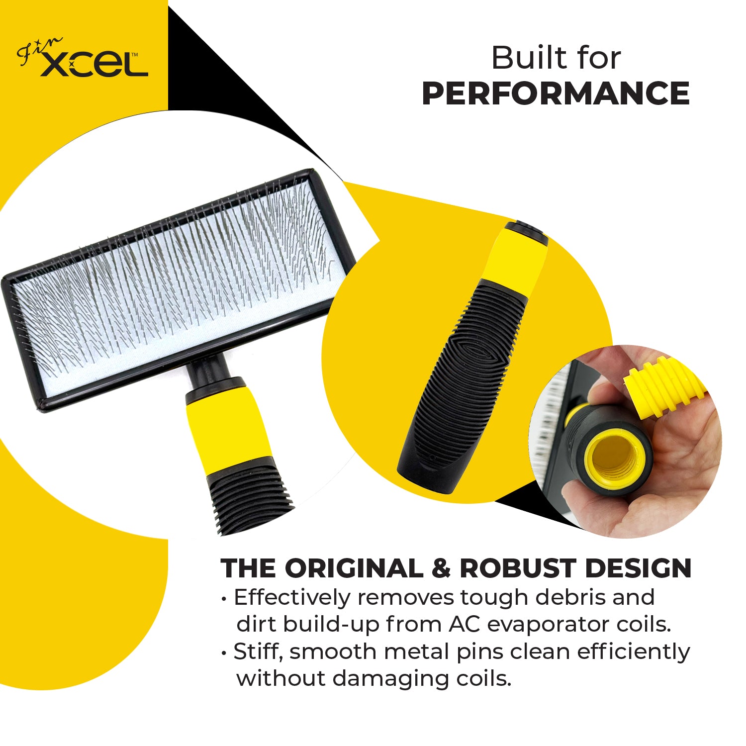 FinXCEL HVAC brush retail packaging in yellow and black – air conditioner maintenance tool
