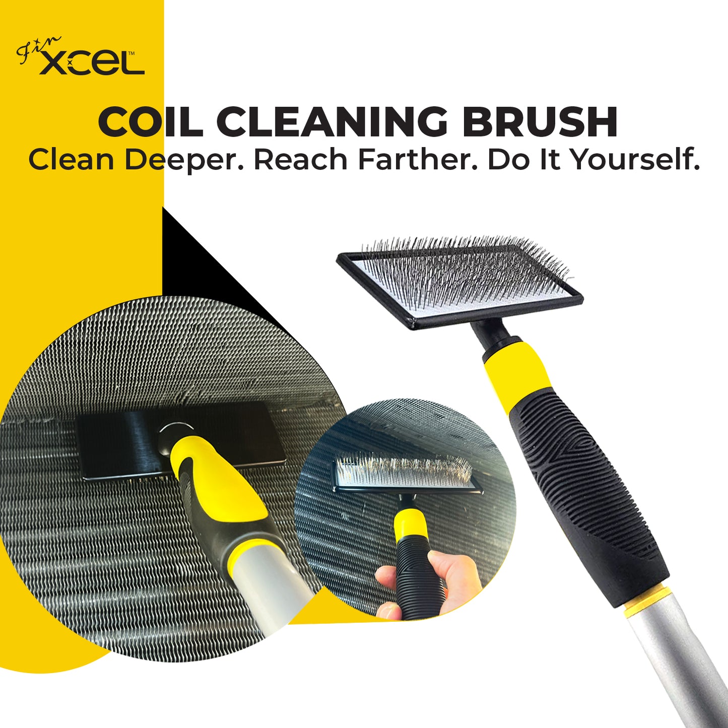 Close-up of stainless steel bristles on air conditioner coil cleaning brush